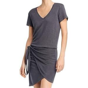 Monrow Women’s Size S Gray French Terry Tie Front Skirt V-Neck T-Shirt Dress